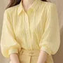 3/4-Sleeve Collared Striped Button-Up Blouse