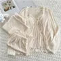 Pajama Set: Long-Sleeve Plain Button Top + Padded Camisole + Pants + Shorts