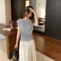 Cap-Sleeve Off-Shoulder Lace Panel Slim Fit Crop T-Shirt