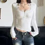 Long Sleeve Square-Neck Accent Lace-Trim Plain Slim-Fit Crop Top