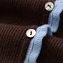 Short Sleeve Color-Block Ruffled-Trim Button-Up Slim-Fit Knit Top