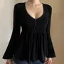 Bell Sleeve V-Neck Lace-Trim Plain A-Line T-Shirt