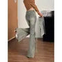 Mock Two-Piece Low Waist Washed Bell Bottom Jeans