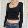 Long Sleeve Scoop Neck Lace-Trim Plain Slim-Fit Crop Top