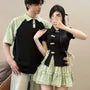 Couple Matching Short-Sleeve Collared Tie Side Frog Buttoned Slit Top / High Waist Plain Frill Trim Mini A-Line Skirt / Elbow-Sleeve Raglan Polo Shirt