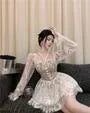 Long-Sleeve Halter Lace Mini A-Line Corset Dress
