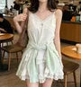 Spaghetti Strap V-Neck Plain Ruffle Panel Lace Mini A-Line Dress