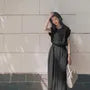 Cap-Sleeve Plain Slit Midi Button-Front Belted Dress