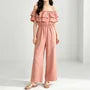 Off-Shoulder Plain Ruffled Wide Leg Jumpsuit