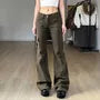 Low Waist Plain Pocket Slim-Fit Boot-Cut Cargo Pants