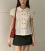 Puff Sleeve Doll Collar Polka Dot Slim-Fit Blouse