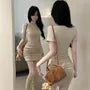 Short Sleeve Mock Neck Plain Ruched Bodycon Mini Dress
