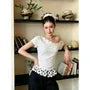 Short Sleeve Cold Shoulder Polka Dot Paneled Slim-Fit T-Shirt