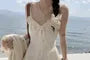 Spaghetti Strap V-Neck Eyelet Lace Panel Frill Trim Tie Front Mini A-Line Dress / Plain Cardigan
