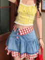 High Waist Gingham Panel Button Fly Denim Mini A-Line Skirt