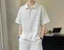 Set: Elbow-Sleeve Plain Textured Half-Zip Polo Shirt + Drawstring Waist Wide Leg Sweat Shorts