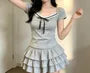 Short Sleeve V-Neck Bow Panel Lace T-Shirt