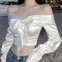 Long-Sleeve Off Shoulder Plain Bow Detail Crop Blouse