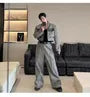 Set: Shawl Collar Melange Panel Faux Leather Open Front Jacket + Mid Rise Wide Leg Pants