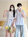 Couple Matching Short-Sleeve Collared Striped Button Up Shirt / Short-Sleeve Tie Neck Mini A-Line Dress