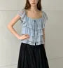 Cap Sleeve Square-Neck Tie-Front Lace-Trim Tiered Loose-Fit Blouse