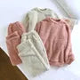 Couple Matching Pajama Set: Round Neck Plain Fleece Sweatshirt + Elastic Waist Straight Leg Pants (Various Designs)