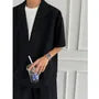 Set: Mock Two-Piece Elbow-Sleeve Split Neck Shirt + Drawstring Waist Plain Wide Leg Shorts
