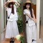 Maternity Set: Short-Sleeve Plain Lace Trim Hooded T-Shirt + High Waist Maxi A-Line Skirt