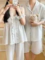 Couple Matching Striped Ruffle Pajama Camisole Top / Straight Leg Pants / Short Sleeve Collared Shirt / Shorts / Set