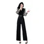 Long-Sleeve V-Neck Striped Panel Wide Leg Jumpsuit