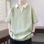 Mock Two-Piece Elbow-Sleeve V-Neck Collared Two Tone T-Shirt