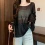 Long-Sleeve Boat Neck Plain Lettuce Edge Sheer T-Shirt