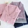 Couple Matching Pajama Set: Long-Sleeve Collared Contrast Trim Top + Elastic Waist Plain Straight Leg Pants