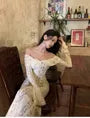 Long Sleeve Off Shoulder Plain Tie Front Lace Maxi Sheath Dress