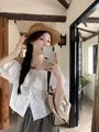 Short-Sleeve Off-Shoulder Plain Layered Ruffle Button-Up Crop Blouse