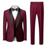 Set: Shawl Lapel Two Tone Single Breasted Blazer + V-Neck Button Vest + Mid Rise Plain Straight Leg Dress Pants