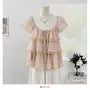 Cap-Sleeve Square Neck Lace Trim Tiered Ruffle Sheer Blouse