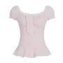 Puff Sleeve Scoop Neck Lace-Trim Ruffled Slim-Fit Blouse