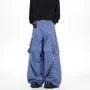 Mid Rise Gingham Panel Distressed Wide Leg Cargo Pants