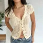 Cap Sleeve V-Neck Lace See-Through Slim-Fit Blouse
