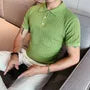 Short-Sleeve Collar Plain Pointelle Knit Top