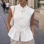 Cap-Sleeve Mandarin Collar Plain Peplum Top
