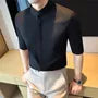 Elbow-Sleeve Stand Collar Button-Up Plain Waffle Shirt