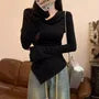 Long-Sleeve Cowl Neck Plain Asymmetrical T-Shirt