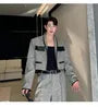 Set: Shawl Collar Melange Panel Faux Leather Open Front Jacket + Mid Rise Wide Leg Pants