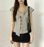 Cap Sleeve V-Neck Tie-Front Gingham Slim-Fit Shirt