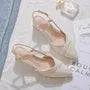 Pointed Toe Slingback Panel Tweed Block Heel Pumps
