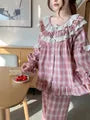 Pajama Set: Long-Sleeve Crew Neck Plaid Lace Panel Ruffle Trim Button-Up Top + Pants