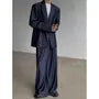 Notch Lapel Washed Single Breasted Denim Blazer / High Waist Wide Leg Jeans