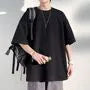 3/4-Sleeve Round Neck Plain Slit T-Shirt